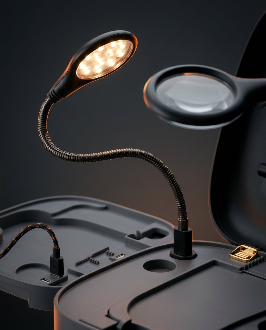 Macro of the foot station's gooseneck LED lamp and magnifying mirror