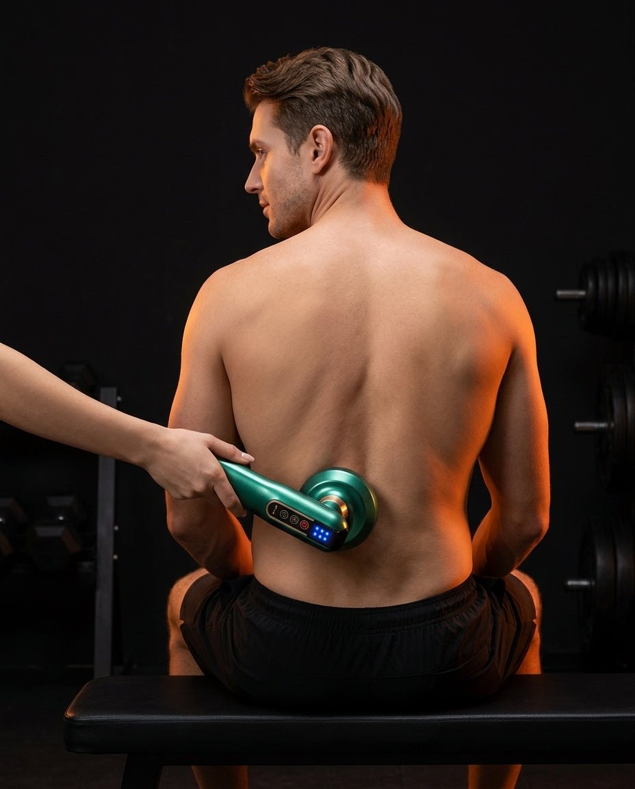 Cupping massager applied to a man's lower back at the gym