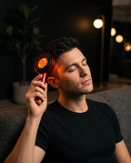 Man on a couch using the red light scalp comb on his head in the evening