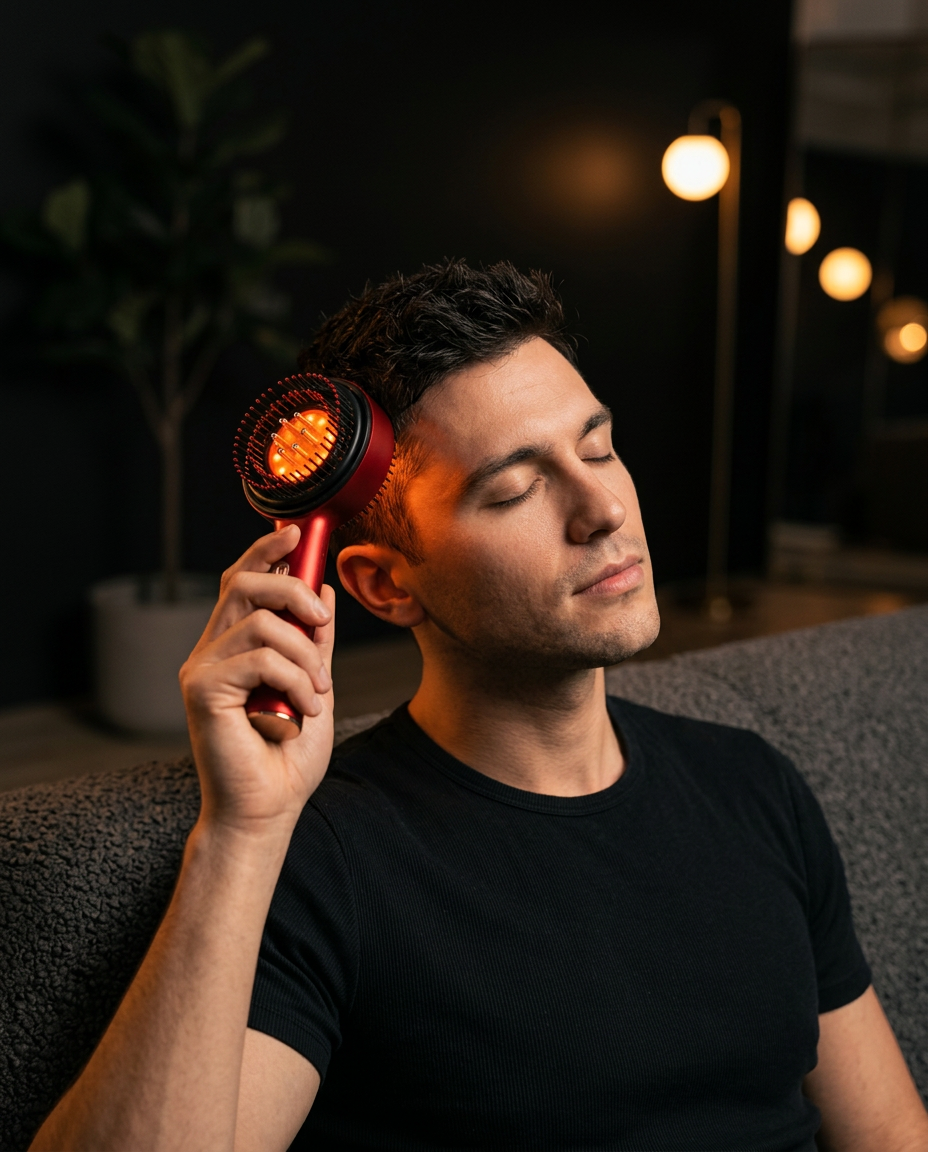 Man on a couch using the red light scalp comb on his head in the evening