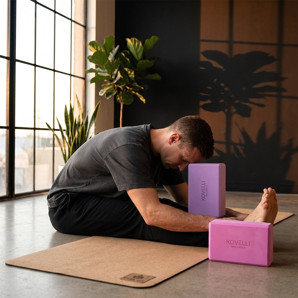 Man stretching forward at home using purple and pink foam yoga blocks