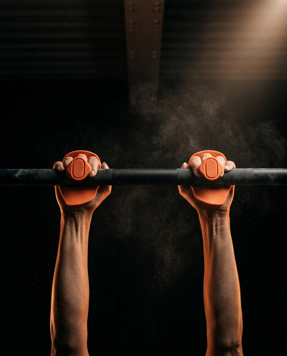 Hands hanging from pull-up bar with orange grip pads amid chalk dust