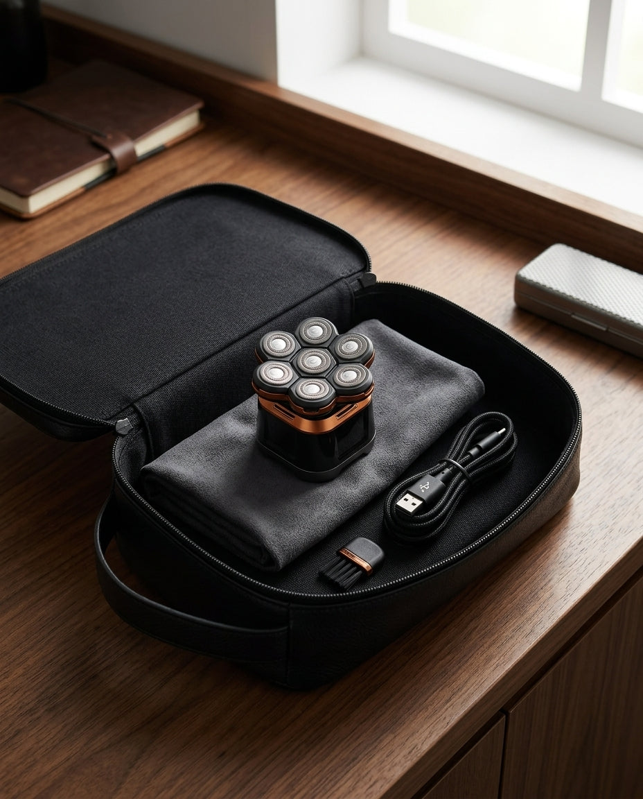 7D head shaver in an open travel case with USB cable and cleaning brush