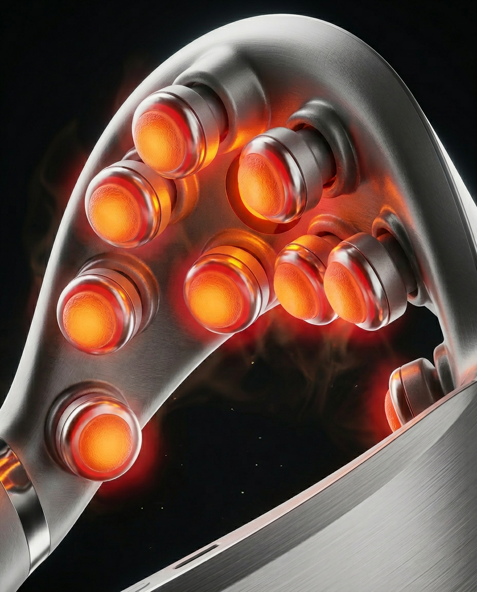 Macro of the nine glowing massage nodes on the neck massager head