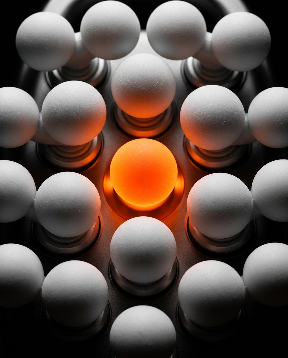 Macro of the silicone massage ball cluster with one glowing orange heated node