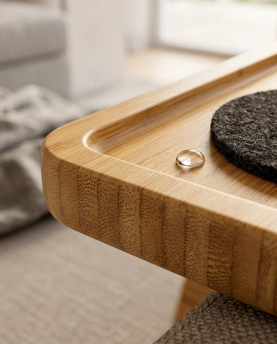 Macro of the bamboo grain and rounded edge of the arm tray table