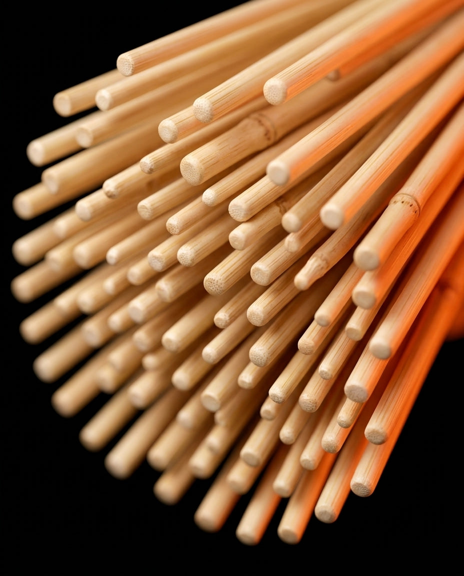 Macro of the smooth tapered bamboo rod tips of the massage roller