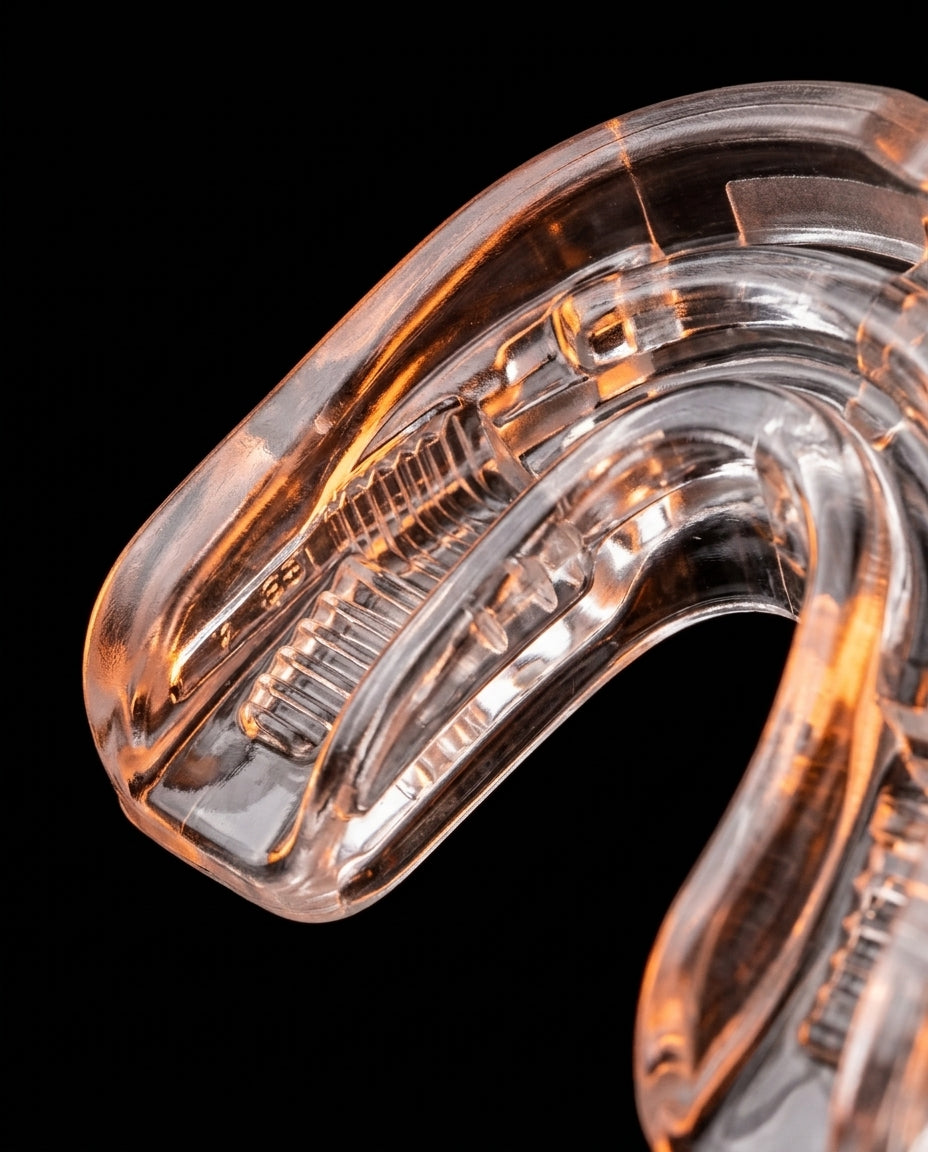 Macro of the clear bite tray and dental grooves of the mouth guard