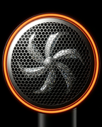 Macro of the fabric shaver's six-blade rotary cutter behind its mesh head
