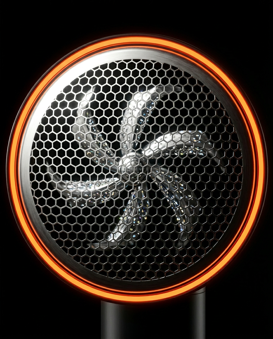 Macro of the fabric shaver's six-blade rotary cutter behind its mesh head