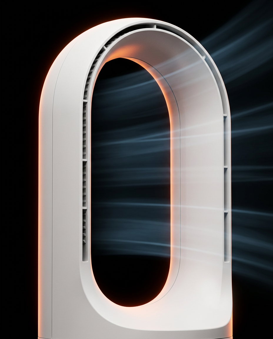 Macro of the bladeless fan's oval loop with airflow streaks on black