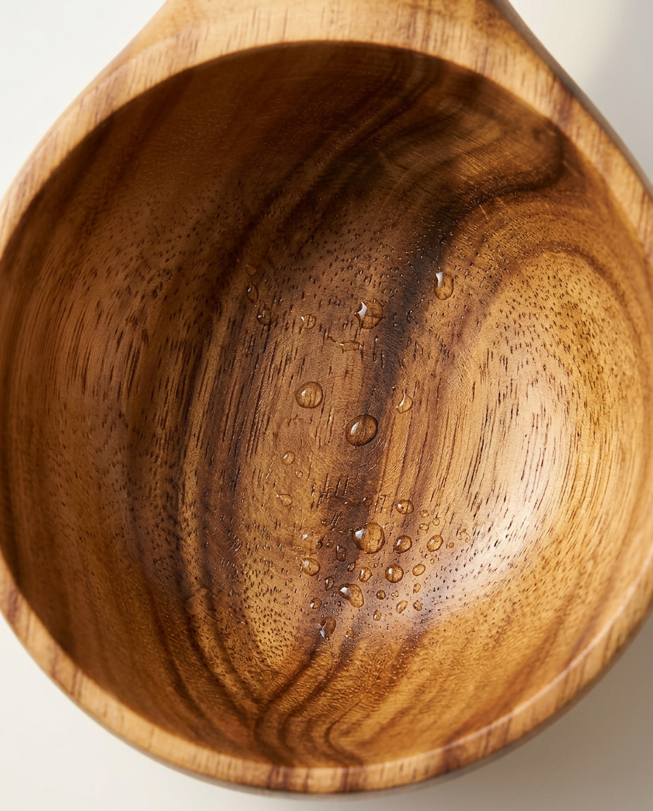 Macro of the smooth carved interior bowl of the wooden sauna ladle