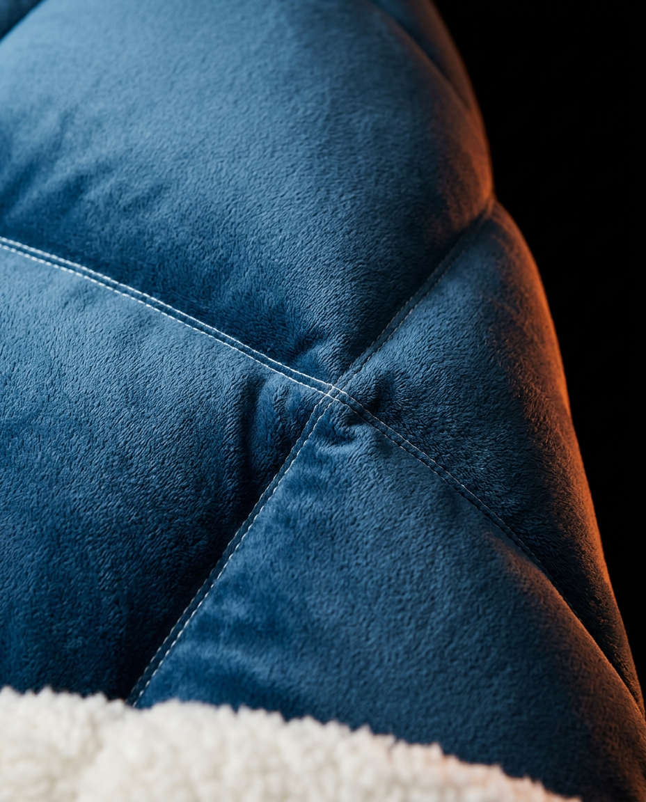 Macro of the navy box-quilted stitching meeting the cream sherpa edge