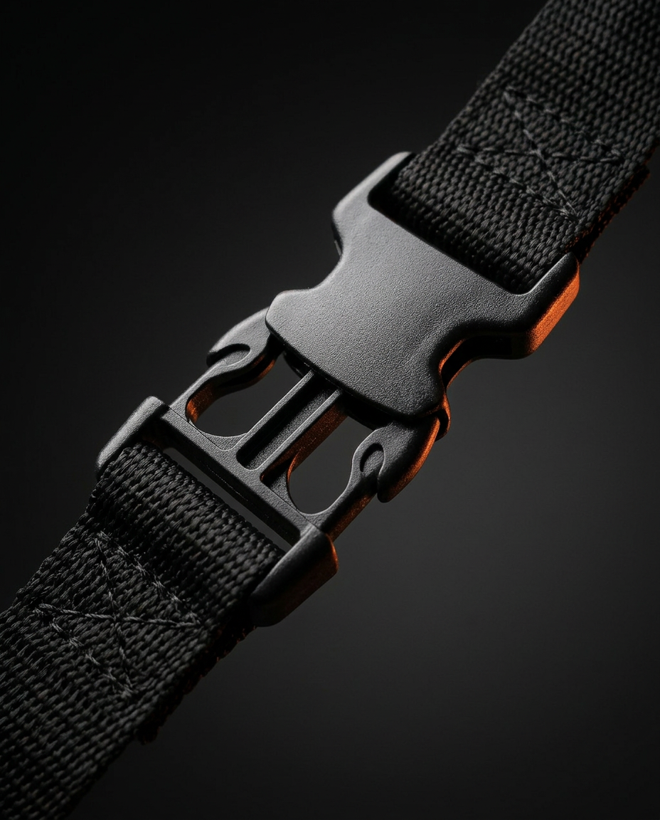 Macro of the quick-release side-squeeze buckle on the hammock strap