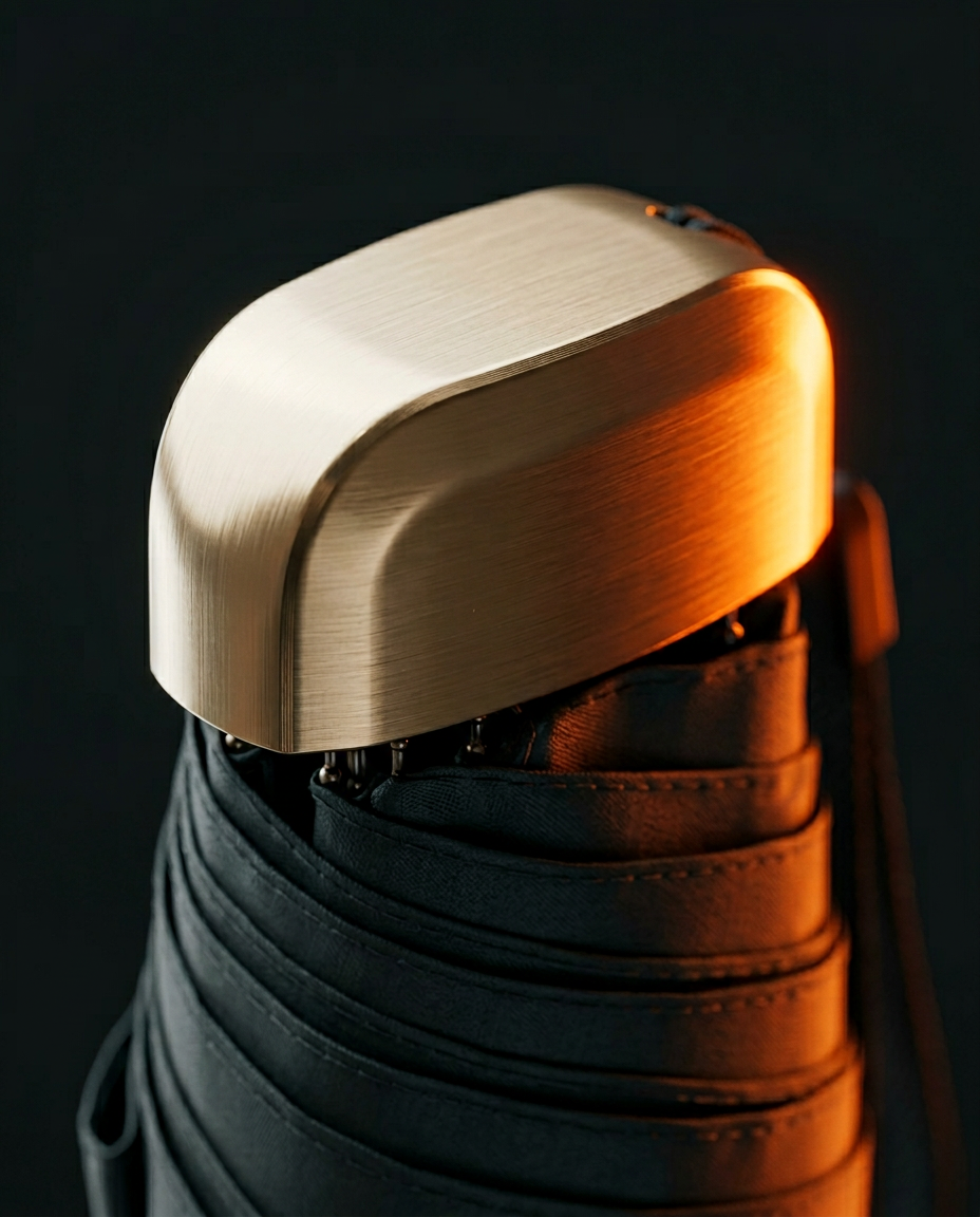 Macro of the polished gold capsule top cap on the folded umbrella