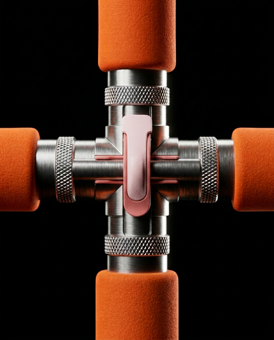 Macro of the chrome center hub joining the posture stick's four foam arms