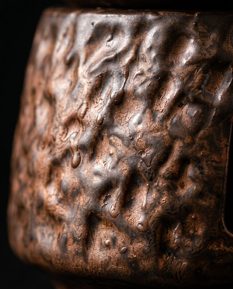 Macro of the hammered bronze glaze texture on the ceramic burner