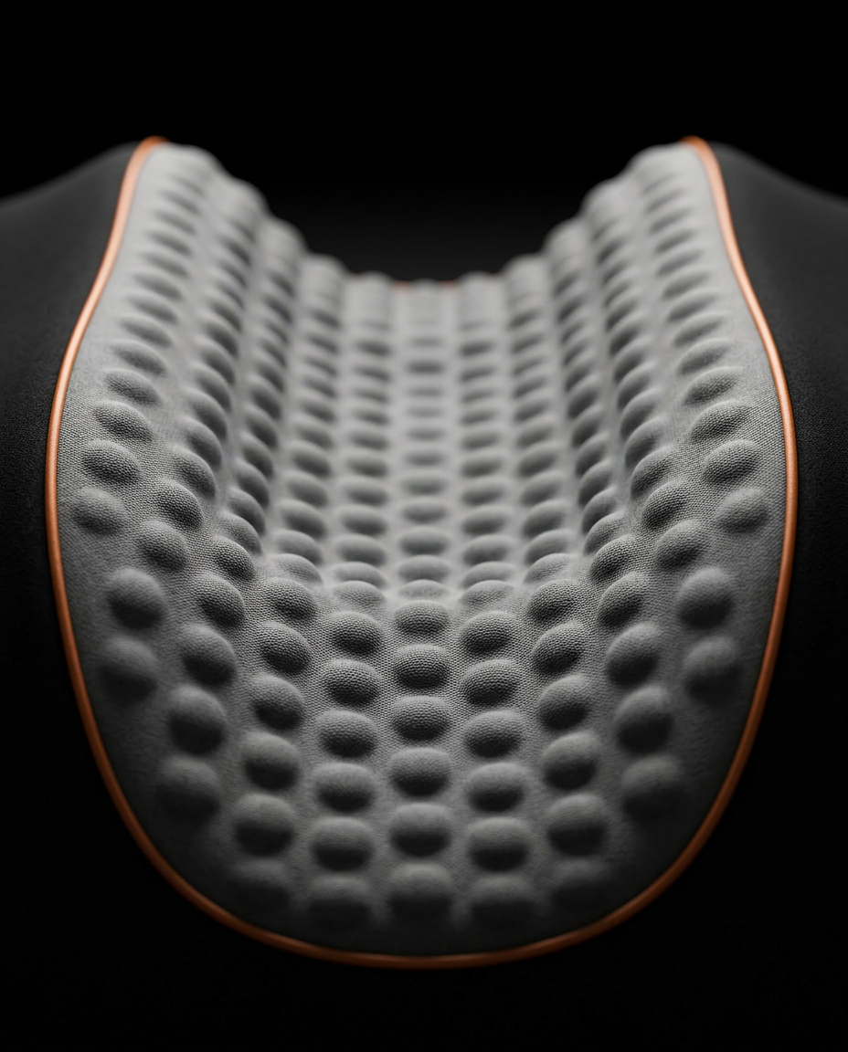 Macro of the curved cervical contour and dimpled foam with orange edge piping
