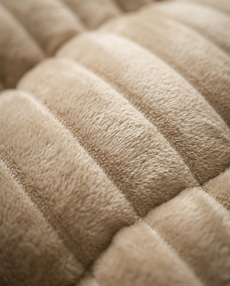 Macro of the soft channel-quilted velvet on the beige reading wedge pillow