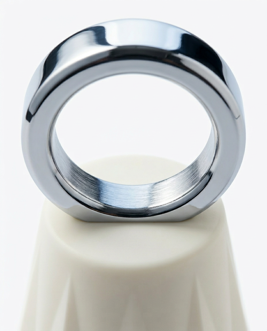Macro of the polished chrome ring grip atop the cream cooling face tool