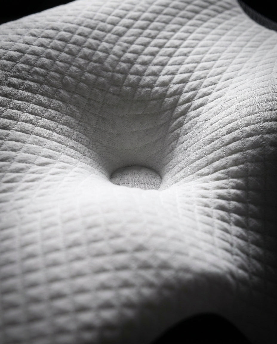 Macro of the contoured center cradle and quilted surface of the cervical pillow