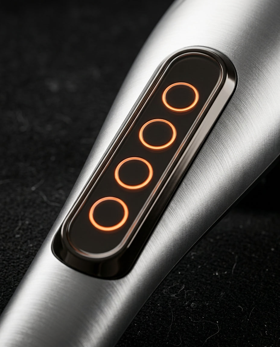 Macro of the handheld massager's control panel with glowing speed indicator lights