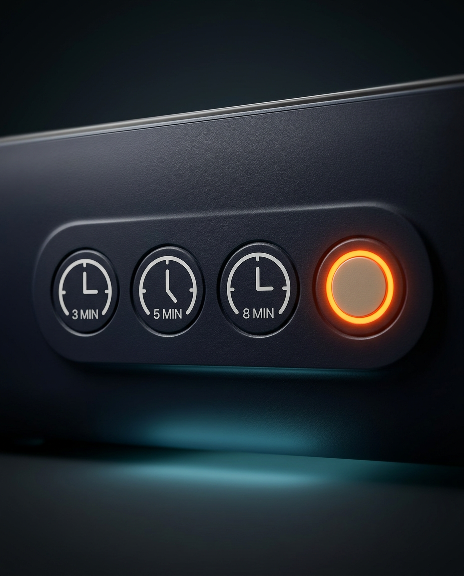Macro of the cleaner's 3, 5 and 8 minute timer buttons with glowing start key