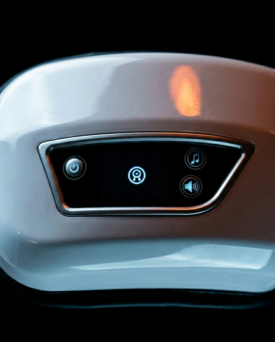 Macro of the eye massager's touch control panel with mode and music buttons