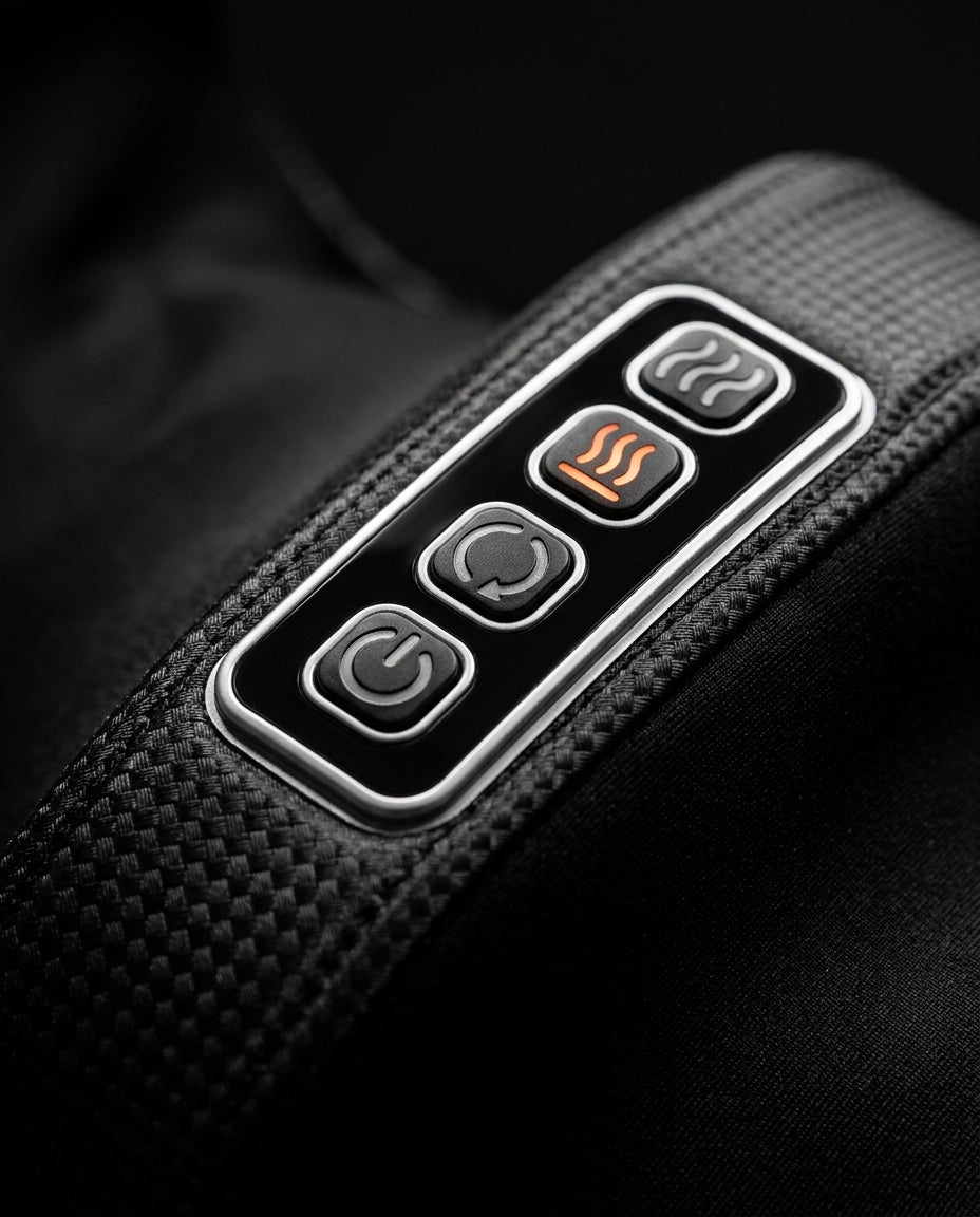 Macro of the top control panel with power, mode and heat buttons