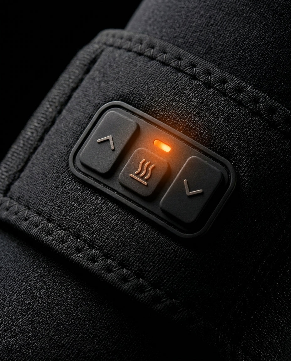 Close-up of the elbow sleeve control panel with heat icon glowing orange