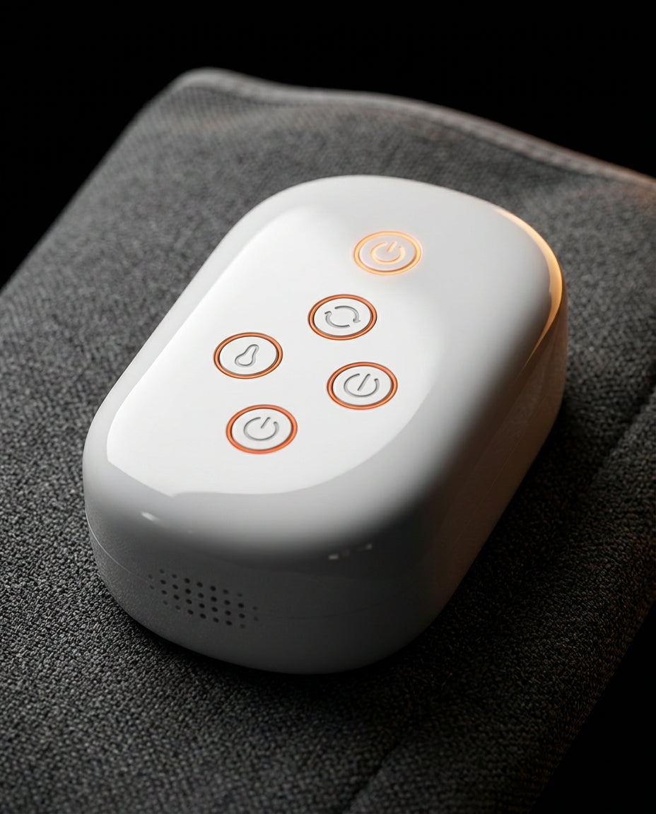Macro of the white control pod with backlit buttons on the grey wrap