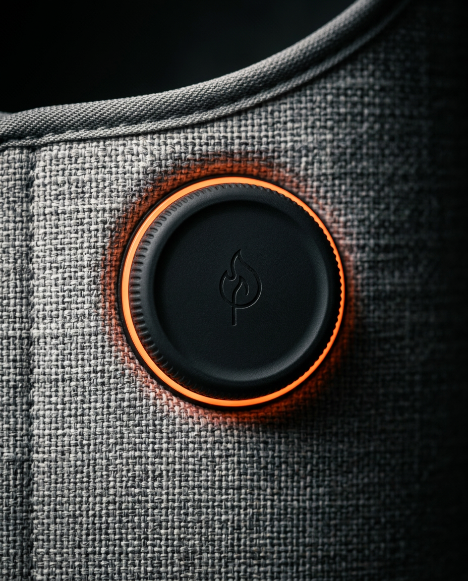 Macro of the round control puck with orange ring on the leg warmer's grey fabric