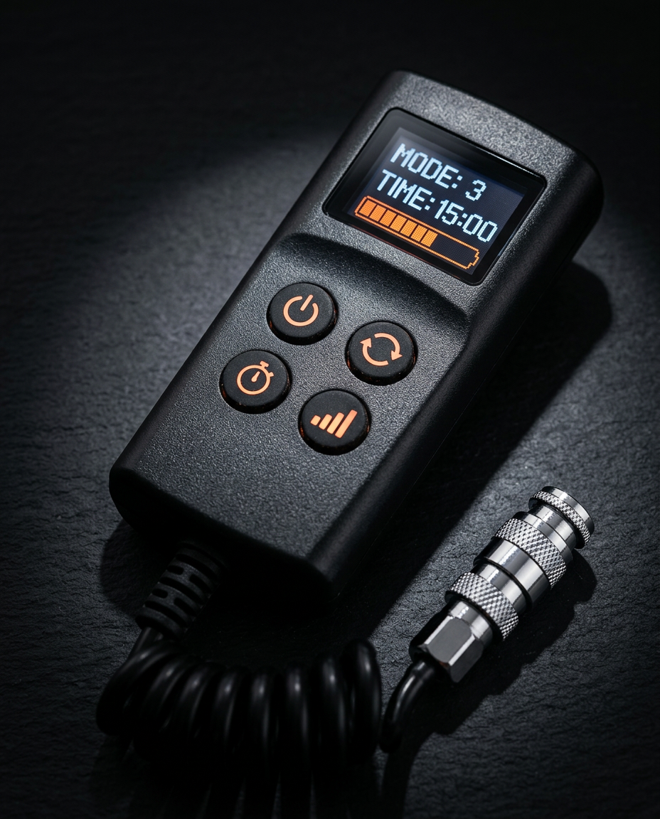 Macro of the leg massager's handheld LCD controller showing mode and timer