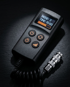 Macro of the leg massager's handheld LCD controller showing mode and timer