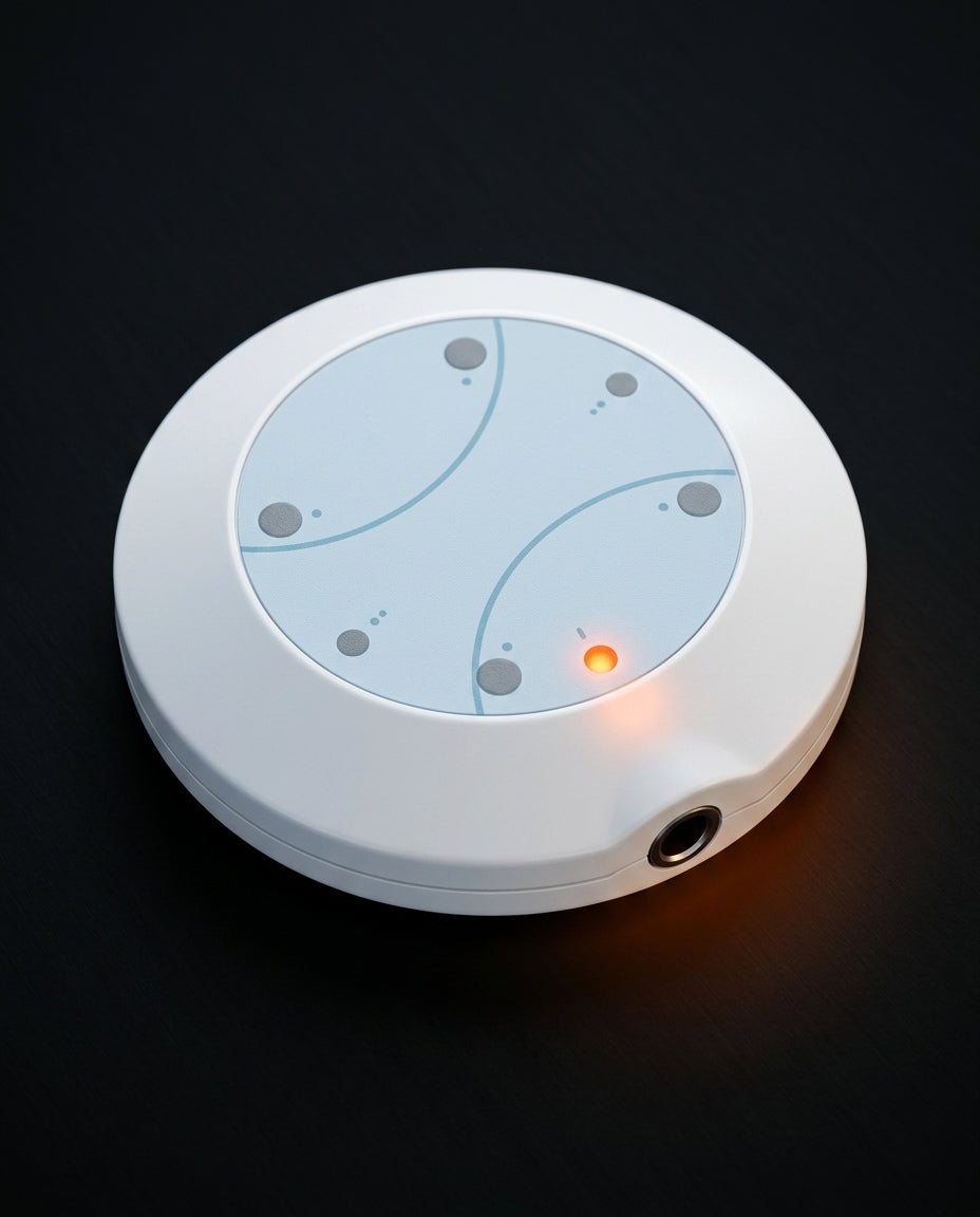 Top-down macro of the round white foot spa controller with LED indicator