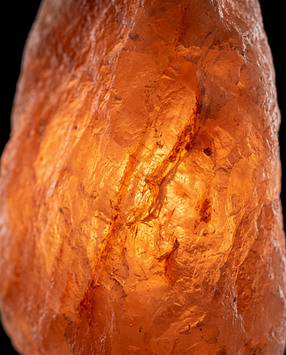 Macro of the rough amber crystal texture of the glowing Himalayan salt lamp