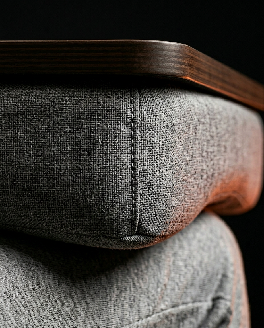 Macro of the plush grey cushion base under the wooden lap desk edge