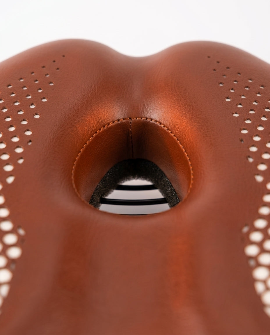 Macro of the bike saddle's central pressure-relief cutout channel