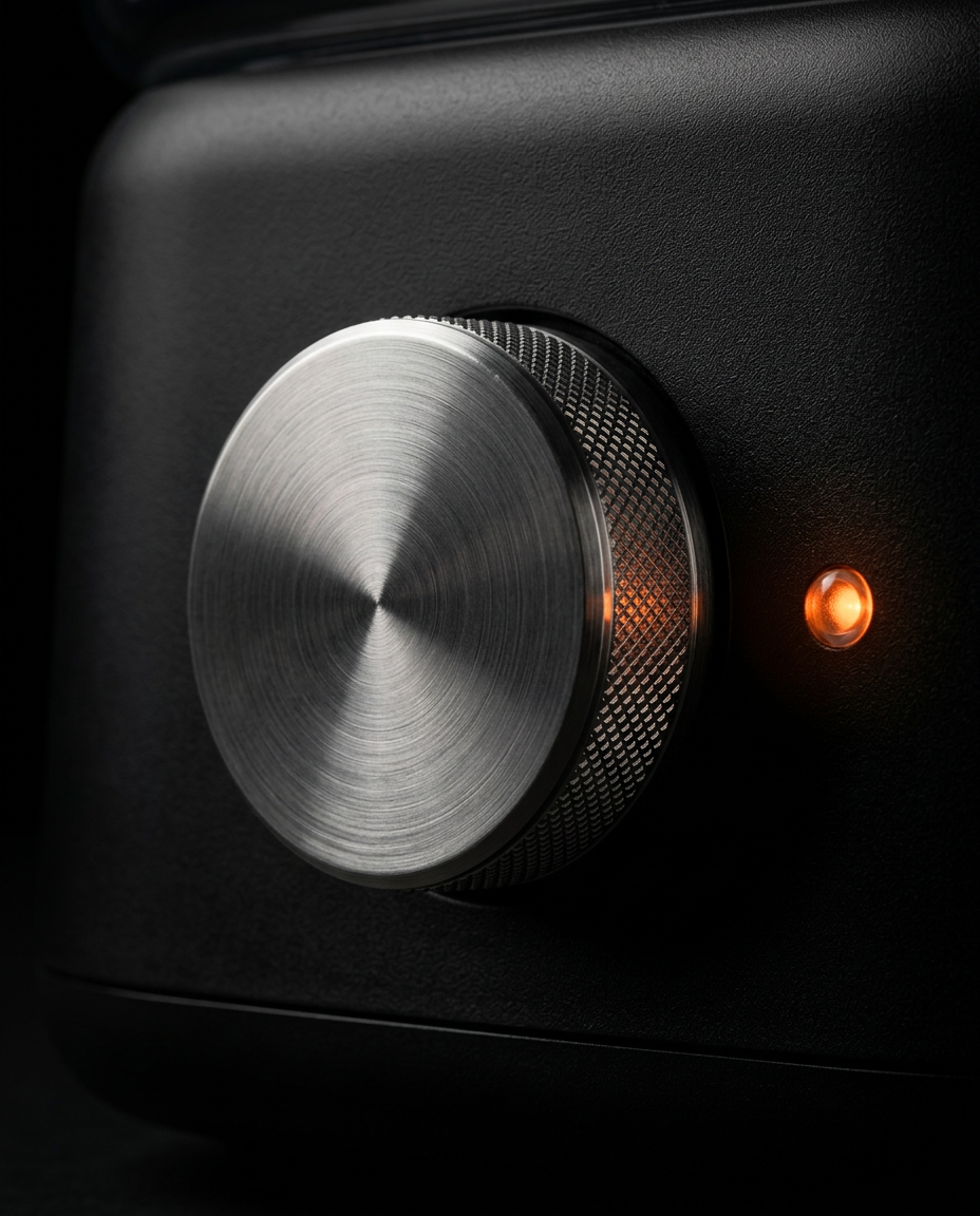 Macro of the brushed metal control dial and amber LED on the towel warmer