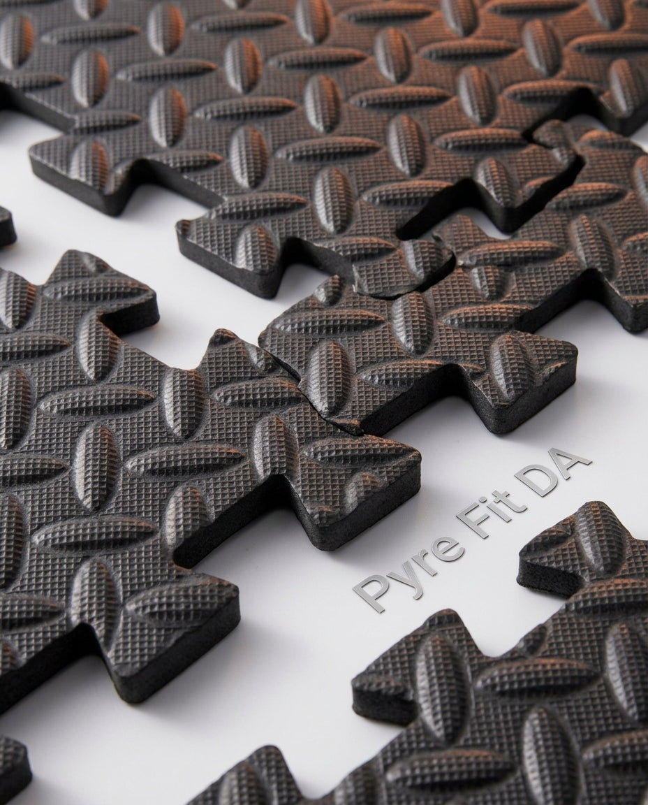 Macro of the black diamond-plate texture and interlocking teeth of the foam mat