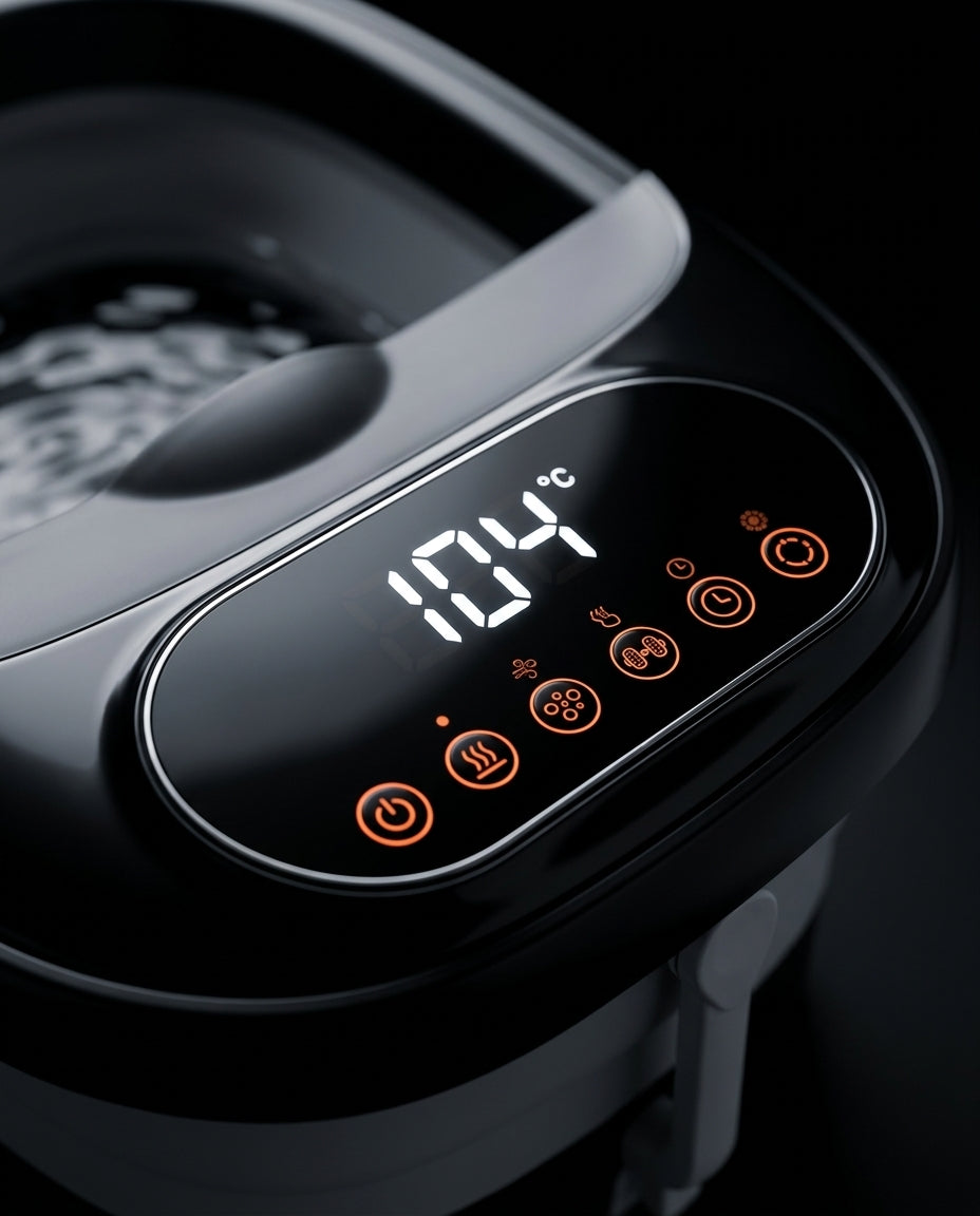 Close-up of the digital touch panel showing 104 degree temperature display
