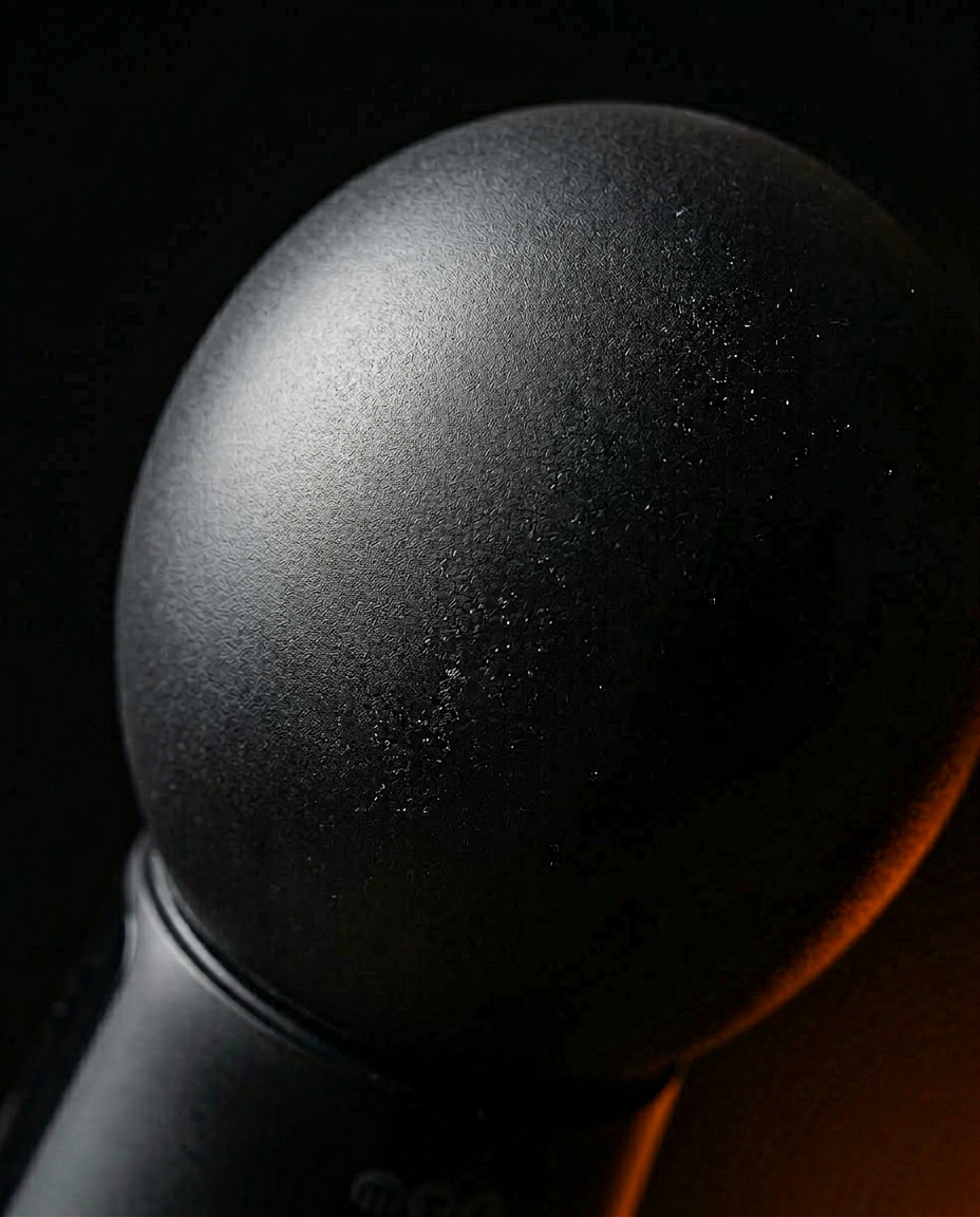 Macro close-up of the rounded black dome head of the massage gun