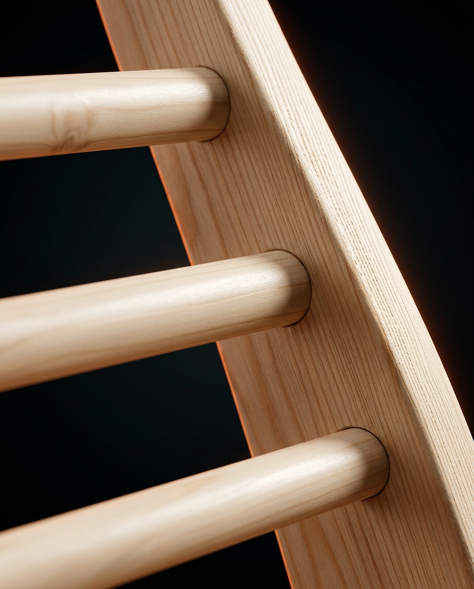 Macro of the smooth wooden dowel rungs joined into the sauna backrest rail