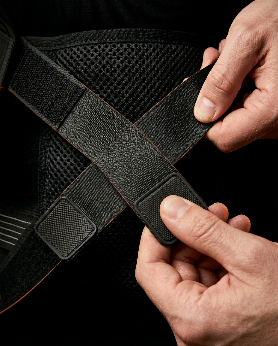 Hands tightening the dual cross-pull straps of the lower back support belt