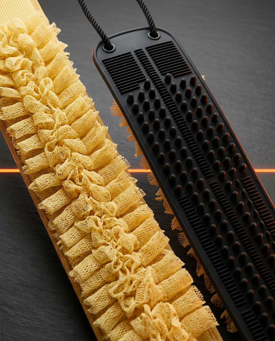 Macro of the scrubber's dual texture, plush loops beside firm silicone nubs