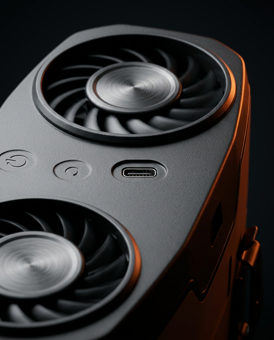 Macro of the dual fan vents, control buttons and USB-C port on the cooling unit