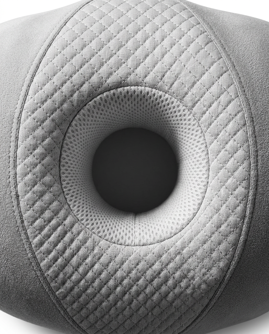 Macro top view of the central ear cavity and quilted mesh wall of the pillow