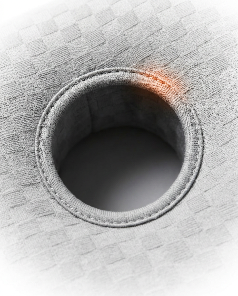 Macro of the sleep pillow's central ear-relief cutout in quilted grey fabric