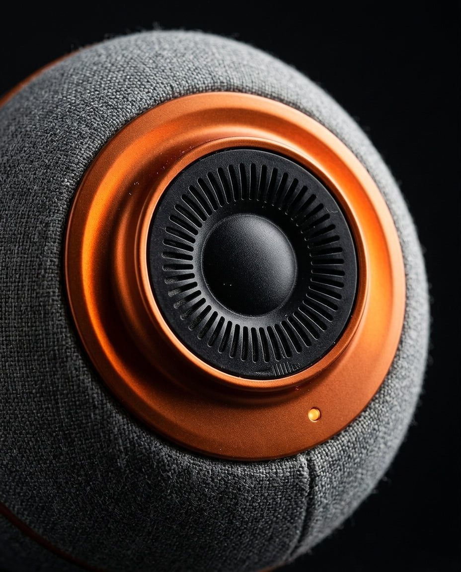 Macro of the glowing orange ember ring and vented node on the neck pillow
