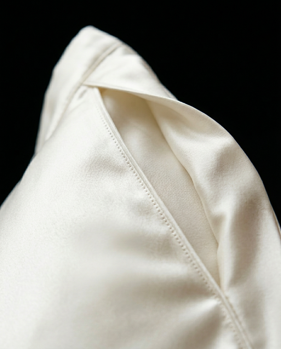 Close-up of the hidden envelope closure flap on the silk pillowcase